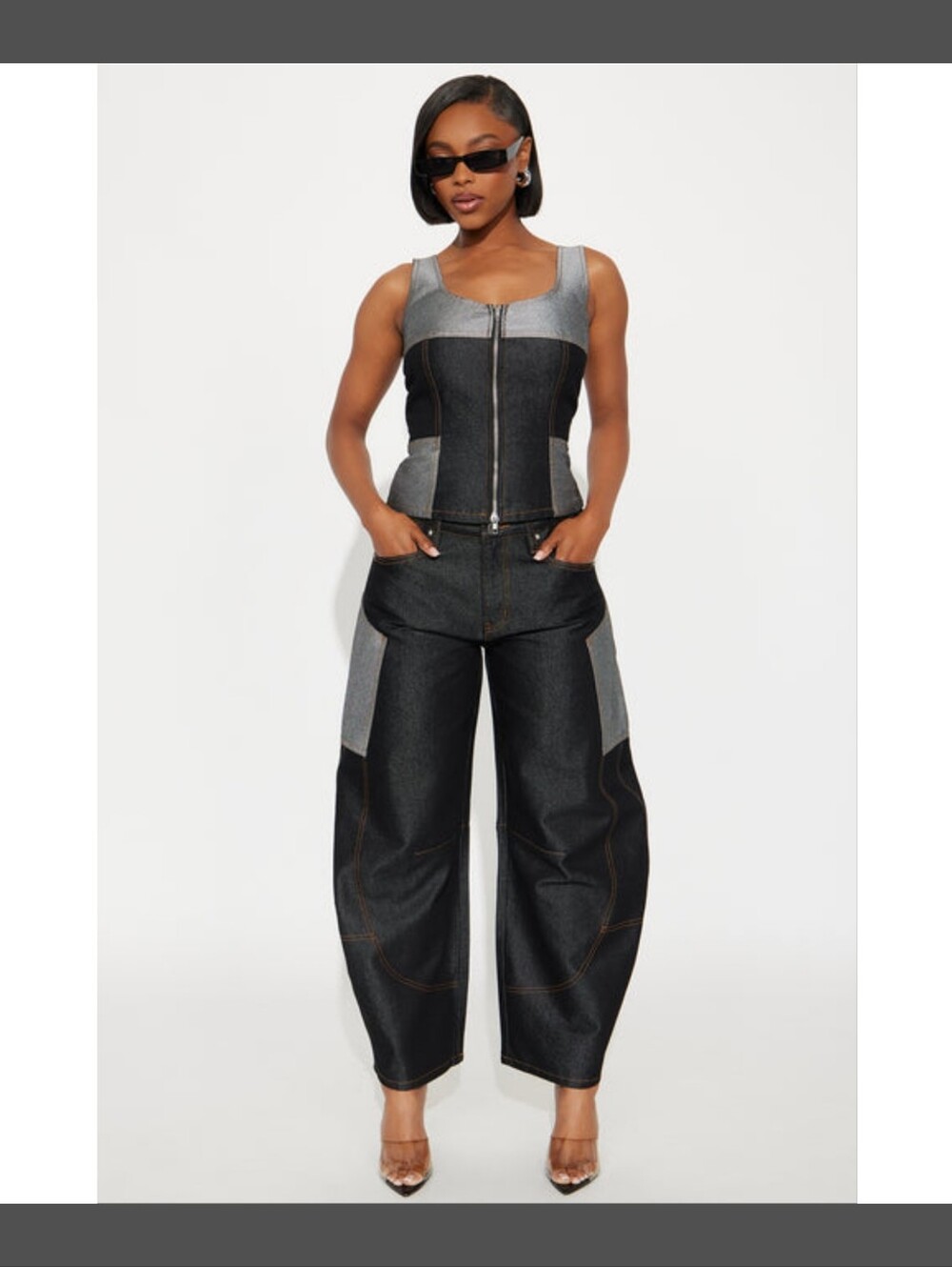 Fashion Nova Two-Tone Black and Grey Zip-Front Denim Top